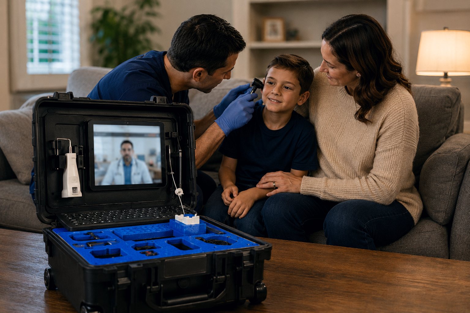 A ZipDoc technician checks a child’s ear at home while a doctor joins live on the kit’s screen