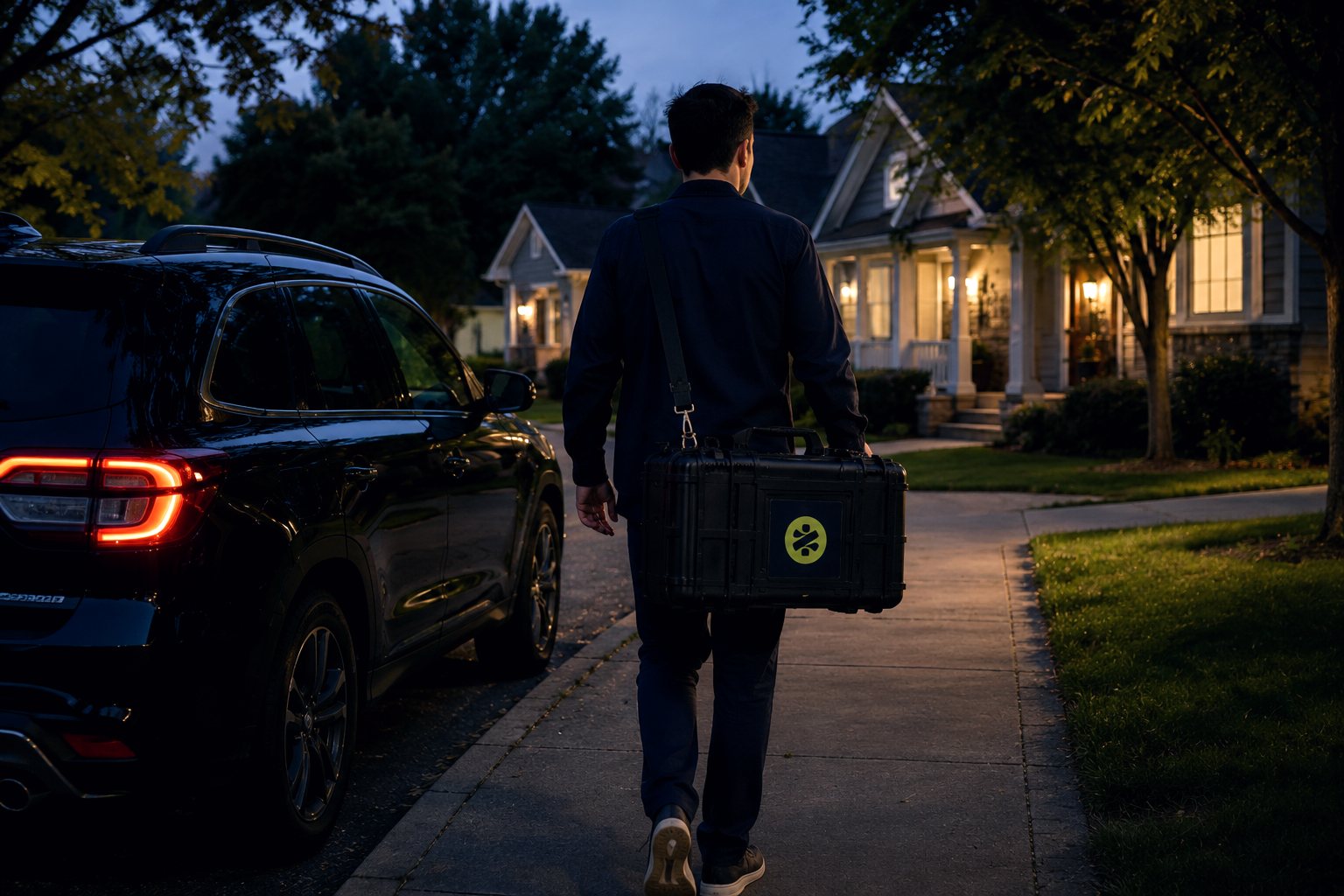 A ZipDoc technician walking up to a home at dusk, kit in hand