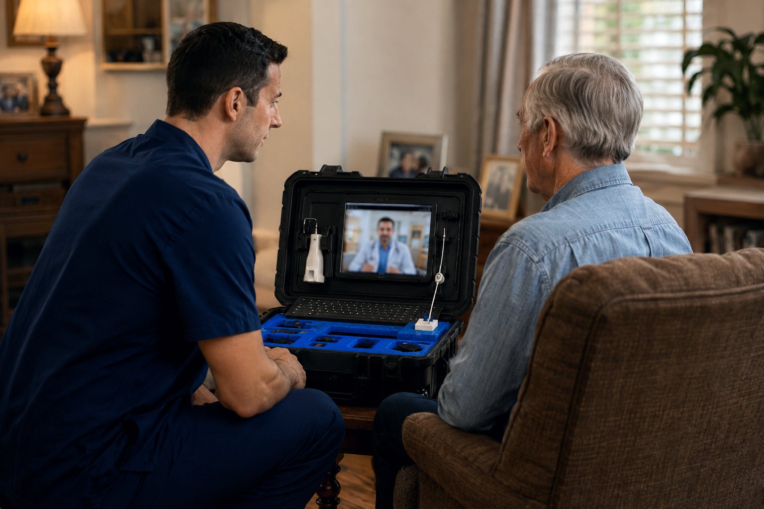 The ZipDoc kit in action — a patient talks with a doctor on screen while the technician assists